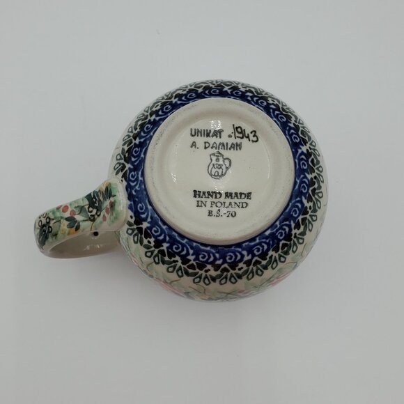 Polish Pottery Rose Bud Roundup Bubble Mug Red Yellow Flowers Blue Green Leaves - Picture 8 of 10